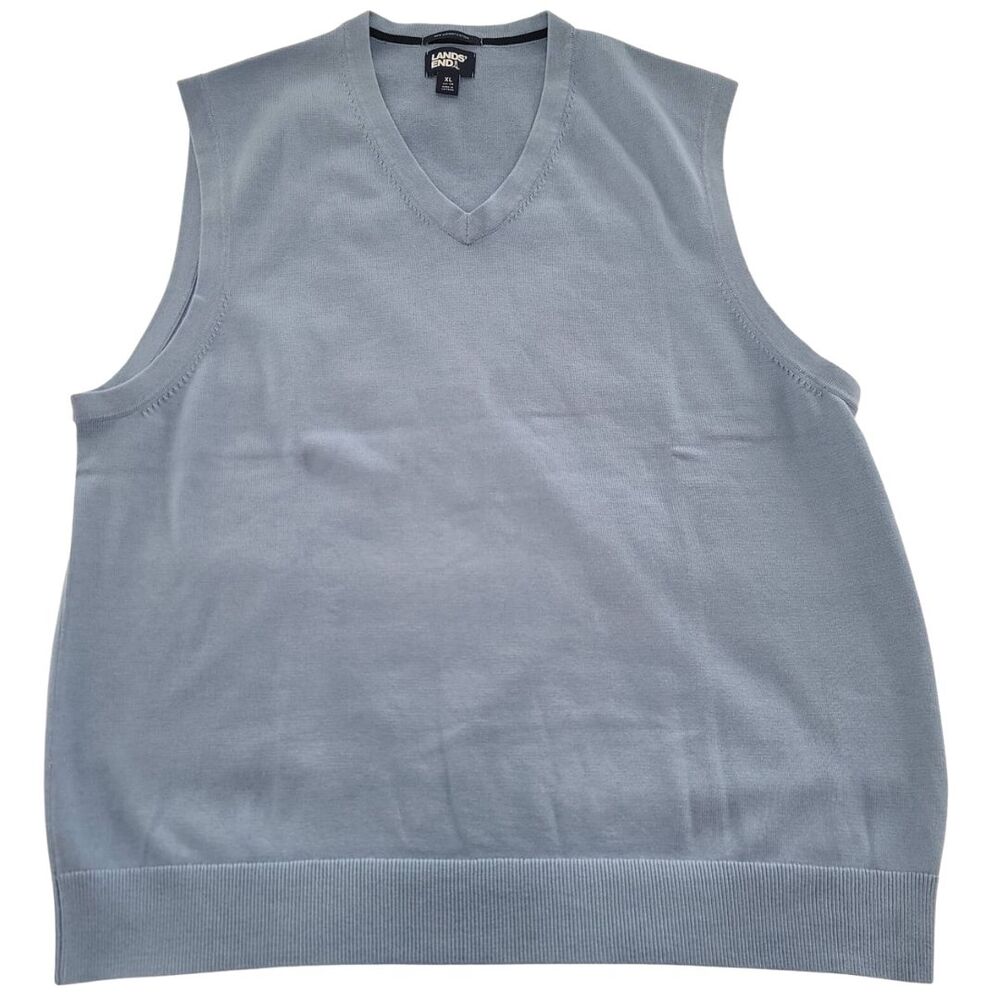 Lands End Vest Light Blue Men's XL Supima Cotton Sweater Knit Sleeveless 46-48